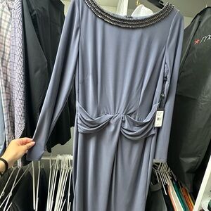 Adrianna Papell Long Sleeve Gray Dress with Beaded Neckline